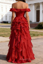 Dark Red Ruffled A-Line Square Neck Long Prom Dress