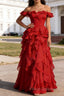 Dark Red Ruffled A-Line Square Neck Long Prom Dress
