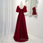 Dark Red Satin A-line Floor Length Evening Dress, Wine Red Wedding Party Dress