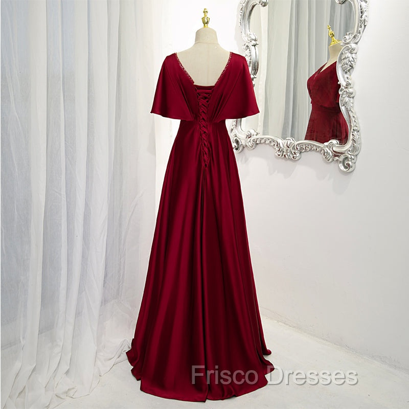 Dark Red Satin A-line Floor Length Evening Dress, Wine Red Wedding Party Dress