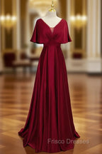 Dark Red Satin A-line Floor Length Evening Dress, Wine Red Wedding Party Dress