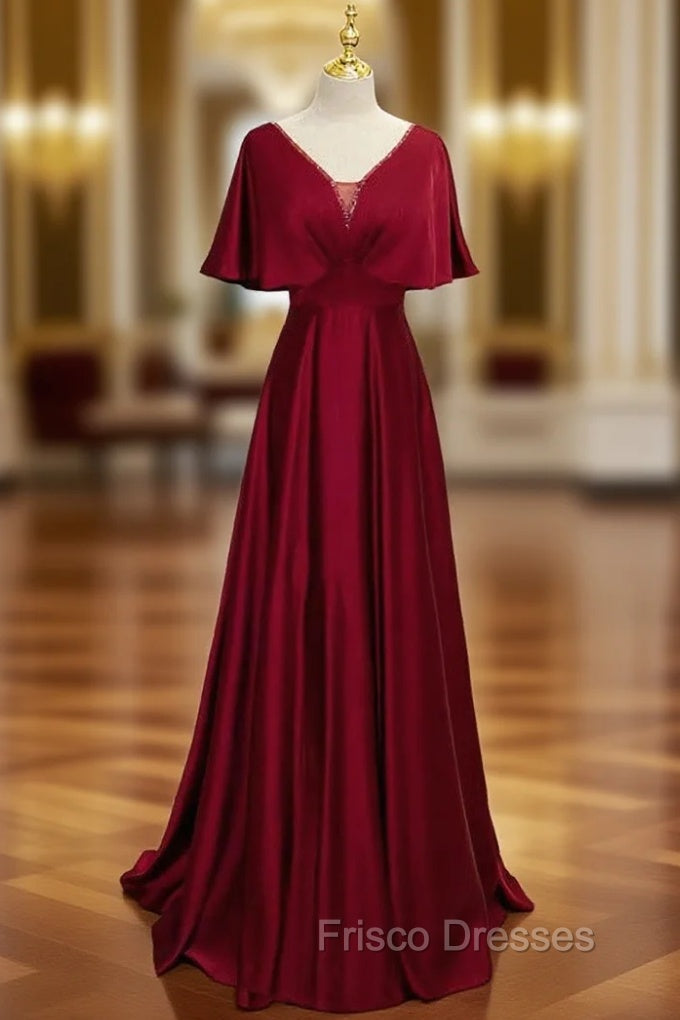 Dark Red Satin A-line Floor Length Evening Dress, Wine Red Wedding Party Dress
