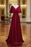 Dark Red Satin A-line Floor Length Evening Dress, Wine Red Wedding Party Dress