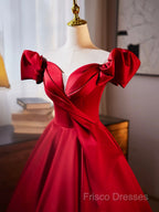 Dark Red Satin Long Formal Prom Dress, Off The Shoulder A-Line Formal Dress