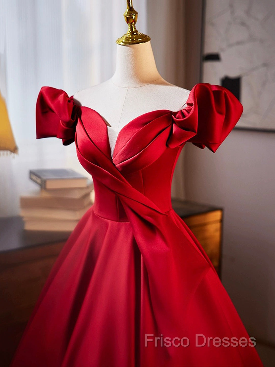 Dark Red Satin Long Formal Prom Dress, Off The Shoulder A-Line Formal Dress