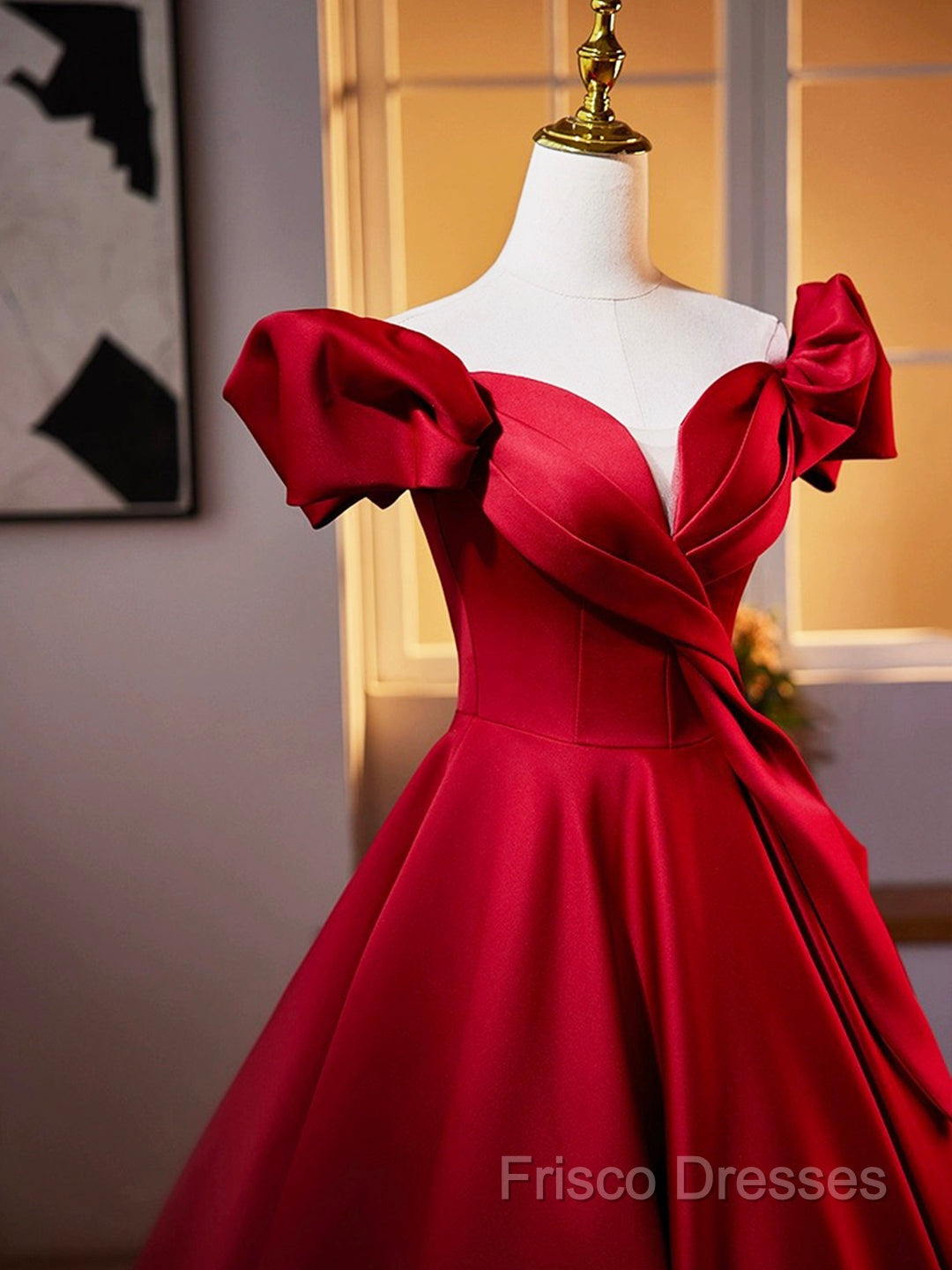 Dark Red Satin Long Formal Prom Dress, Off The Shoulder A-Line Formal Dress