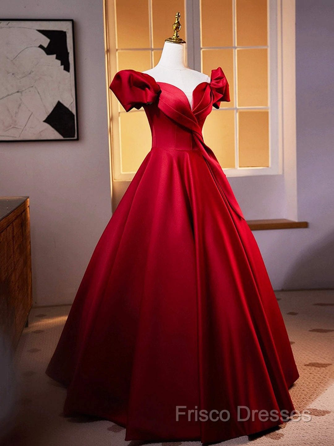 Dark Red Satin Long Formal Prom Dress, Off The Shoulder A-Line Formal Dress