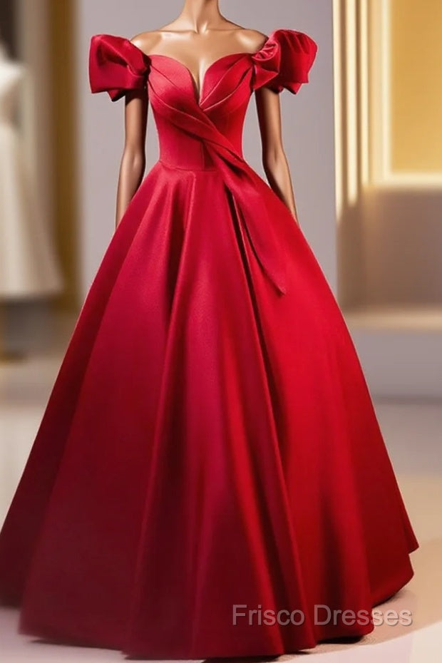 Dark Red Satin Long Formal Prom Dress, Off The Shoulder A-Line Formal Dress