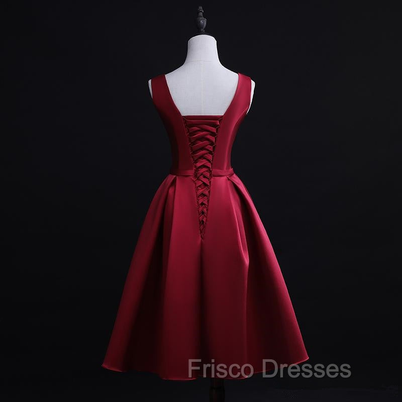 Dark Red Satin Short Homecoming Dress, Lovely Bridesmaid Dress