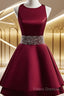 Dark Red Satin Short Two Layered Homecoming Dress, O-Neckline Party Dress, Short Formal Dress