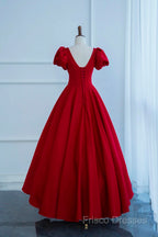 Dark Red Short Sleeve Long Formal Prom Dress, Beautiful A-Line Formal Party Dress