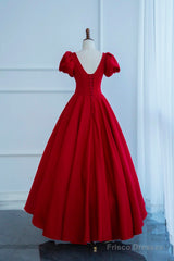 Dark Red Short Sleeve Long Prom Dress, Beautiful A-Line Evening Party Dress