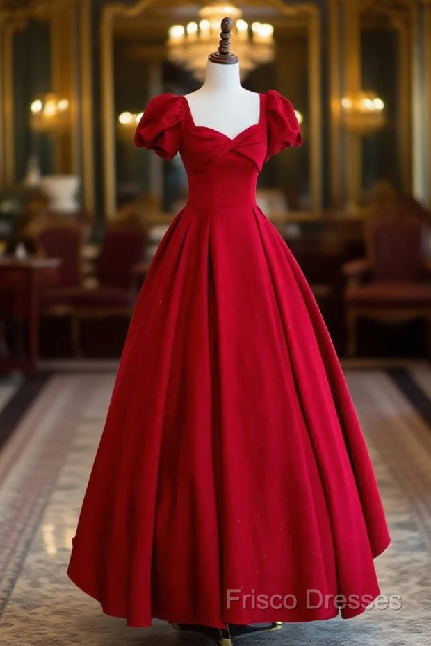 Dark Red Short Sleeve Long Formal Prom Dress, Beautiful A-Line Formal Party Dress