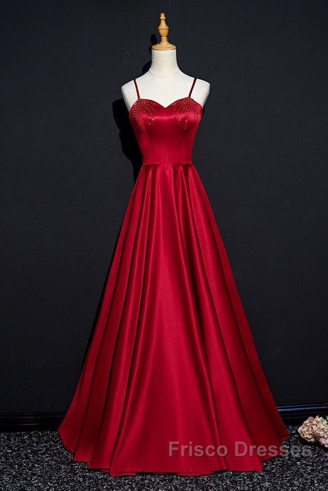 Dark Red Straps Beaded Sweetheart Satin Long Party Dress, Wine Red Formal Prom Dress Secondary image