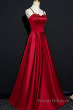 Dark Red Straps Beaded Sweetheart Satin Long Party Dress, Wine Red Formal Prom Dress