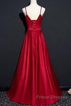 Dark Red Straps Beaded Sweetheart Satin Long Party Dress, Wine Red Formal Prom Dress