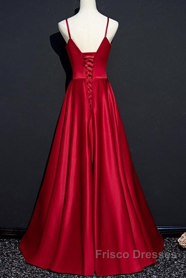 Dark Red Straps Beaded Sweetheart Satin Long Party Dress, Wine Red Formal Prom Dress