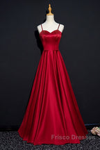 Dark Red Straps Beaded Sweetheart Satin Long Party Dress, Wine Red Formal Prom Dress