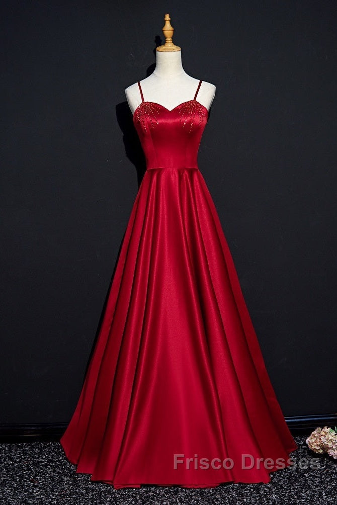 Dark Red Straps Beaded Sweetheart Satin Long Party Dress, Wine Red Formal Prom Dress