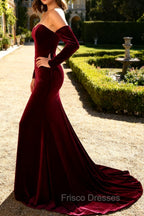 Dark Red Sweetheart A Line Long Velvet Dress with Long Sleeves