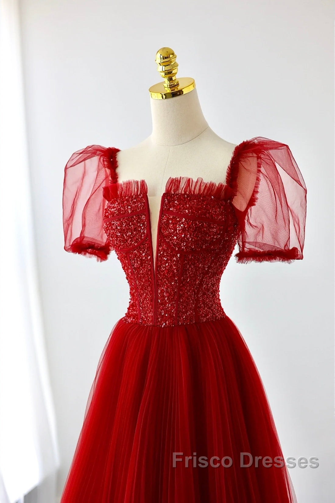Dark Red Tulle Floor Length Formal Dress, Beautiful A-Line Short Sleeve Evening Dress With Beaded Secondary image