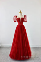 Dark Red Tulle Floor Length Formal Dress, Beautiful A-Line Short Sleeve Evening Dress With Beaded