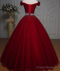 Dark Red Tulle Gorgeous Ball Gown, Burgundy Off Shoulder With Beaded Waist, Pretty Formal Dress