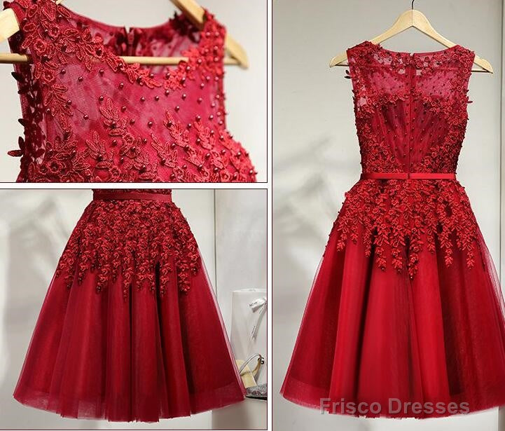 Dark Red Tulle Knee Length Party Dress, Wine Red Homecoming Dress Main image