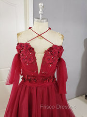 Dark Red Tulle Lace Long Formal Prom Dress, Red Tulle Lace Evening Dress