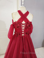 Dark Red Tulle Lace Long Formal Prom Dress, Red Tulle Lace Evening Dress