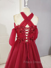Dark Red Tulle Lace Long Formal Prom Dress, Red Tulle Lace Evening Dress
