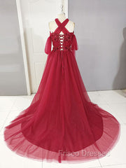 Dark Red Tulle Lace Long Formal Prom Dress, Red Tulle Lace Evening Dress