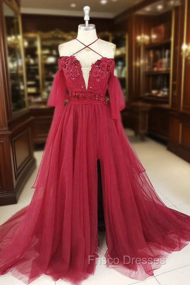 Dark Red Tulle Lace Long Formal Prom Dress, Red Tulle Lace Evening Dress Main image
