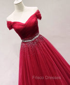 Dark Red Tulle Off Shoulder Long Formal Prom Dress, Beaded Party Dress