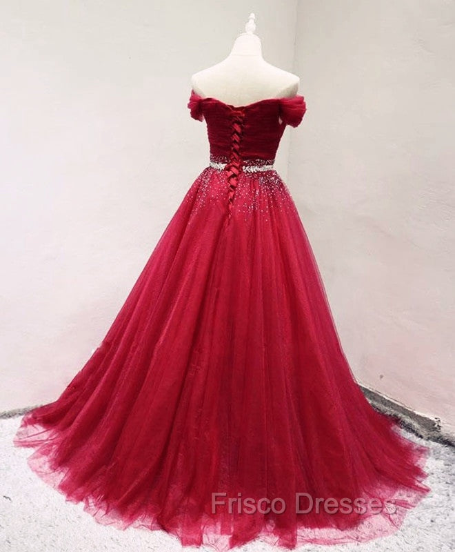 Dark Red Tulle Off Shoulder Long Formal Prom Dress, Beaded Party Dress