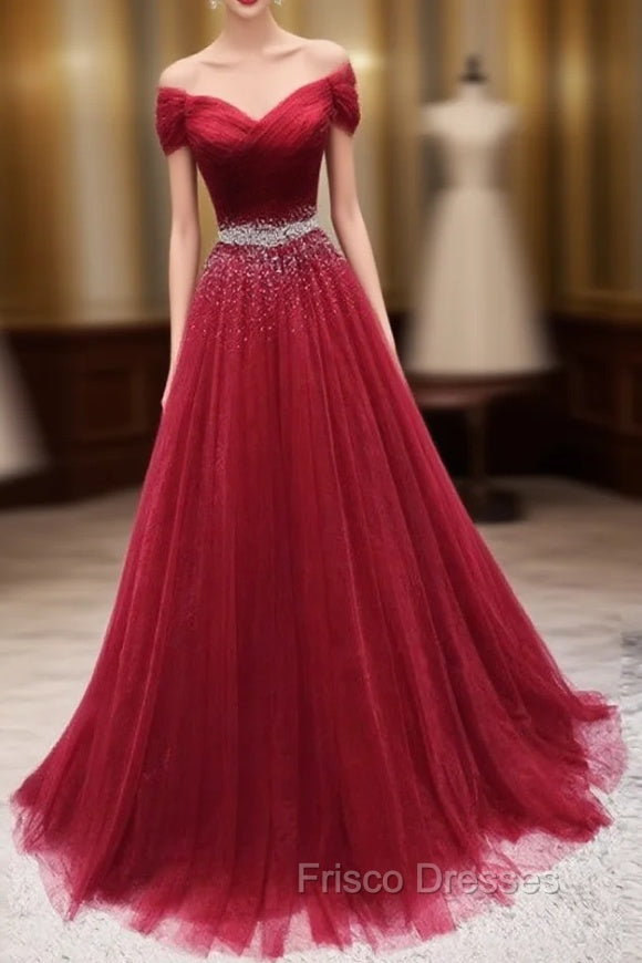 Dark Red Tulle Off Shoulder Long Formal Prom Dress, Beaded Party Dress Main image