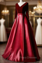 Dark Red Velvet and Satin V-neckline Long Formal Prom Dress Evening Dress, Red Bridesmaid Dress