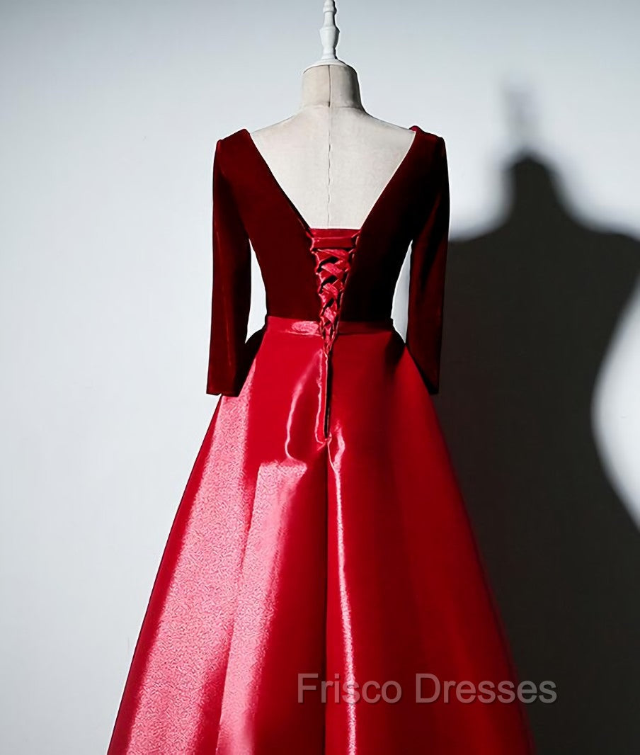 Dark Red Velvet and Satin V-neckline Long Formal Prom Dress Evening Dress, Red Bridesmaid Dress