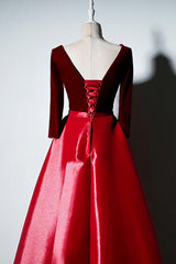 Dark Red Velvet and Satin V-neckline Long Prom Dresses Evening Dress, Red Bridesmaid Dresses