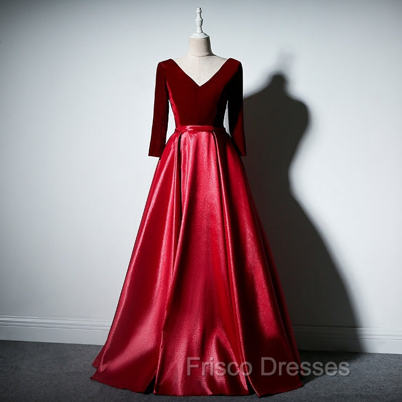 Dark Red Velvet and Satin V-neckline Long Formal Prom Dress Evening Dress, Red Bridesmaid Dress