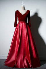 Dark Red Velvet and Satin V-neckline Long Prom Dresses Evening Dress, Red Bridesmaid Dresses