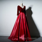 Dark Red Velvet and Satin V-neckline Long Formal Prom Dress Evening Dress, Red Bridesmaid Dress
