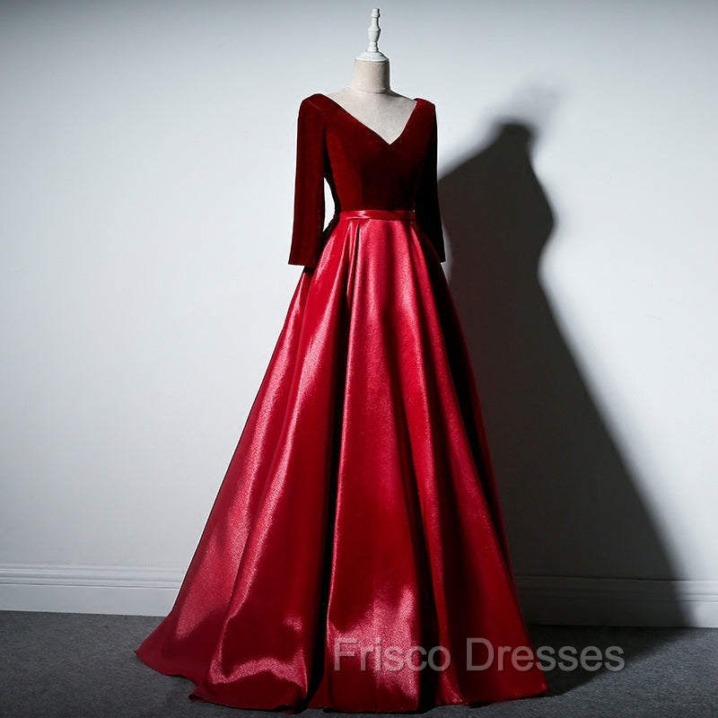 Dark Red Velvet and Satin V-neckline Long Formal Prom Dress Evening Dress, Red Bridesmaid Dress
