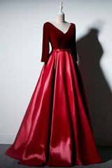 Dark Red Velvet and Satin V-neckline Long Prom Dresses Evening Dress, Red Bridesmaid Dresses