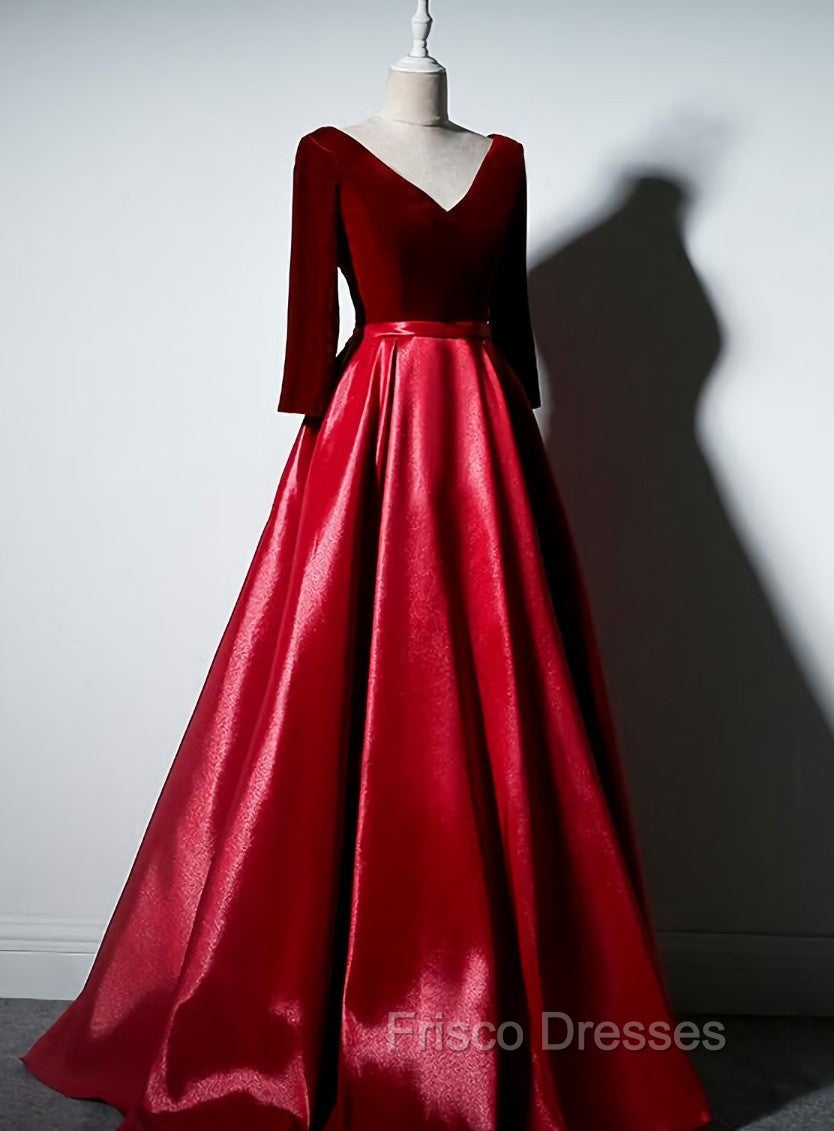 Dark Red Velvet and Satin V-neckline Long Formal Prom Dress Evening Dress, Red Bridesmaid Dress Main image