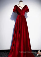 Dark Red Velvet Long Formal Prom Dress, Charming Formal Gown
