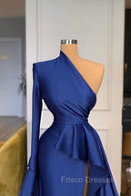 Dark Royal Blue One shoulder Ruffles Side-cut Overskirt Formal Prom Dress