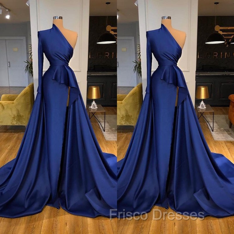 Dark Royal Blue One shoulder Ruffles Side-cut Overskirt Formal Prom Dress