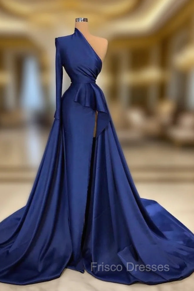 Dark Royal Blue One shoulder Ruffles Side-cut Overskirt Formal Prom Dress Main image