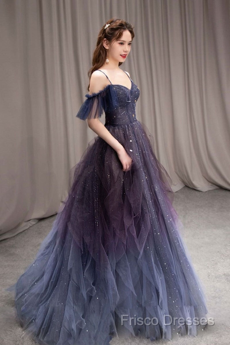 Dark Starry Sky Purple Tulle Long Formal Prom Dress Purple Formal Dress